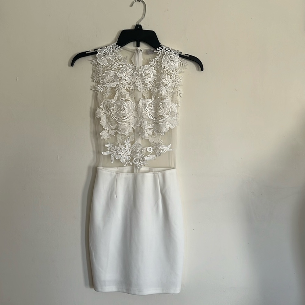 Fashion Nova Ivory Floral Appliqué Mini Dress
